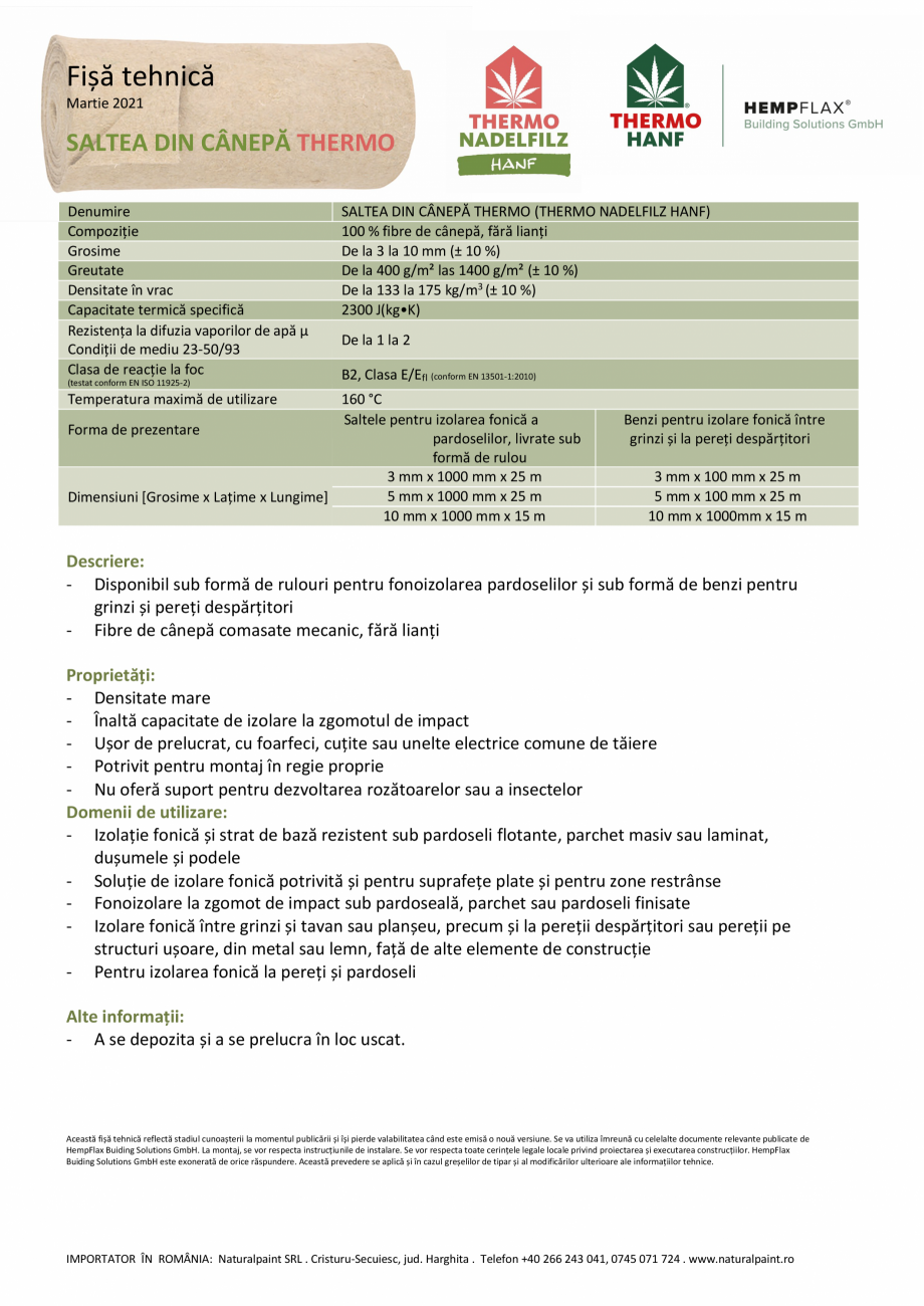 Pagina 1-Izolatie fonica sub parchet THERMO HANF STEP Fisa tehnica Romana Fișă tehnică
Martie 2021

SALTEA...