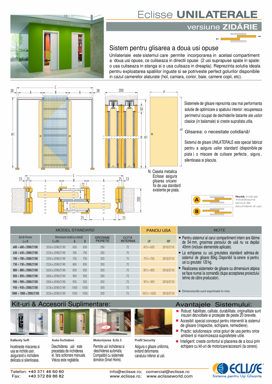 Pagina 1-Sistem pentru glisarea a doua usi opuse - versiune zidarie ECLISSE UNILATERALE Fisa tehnica Romana...