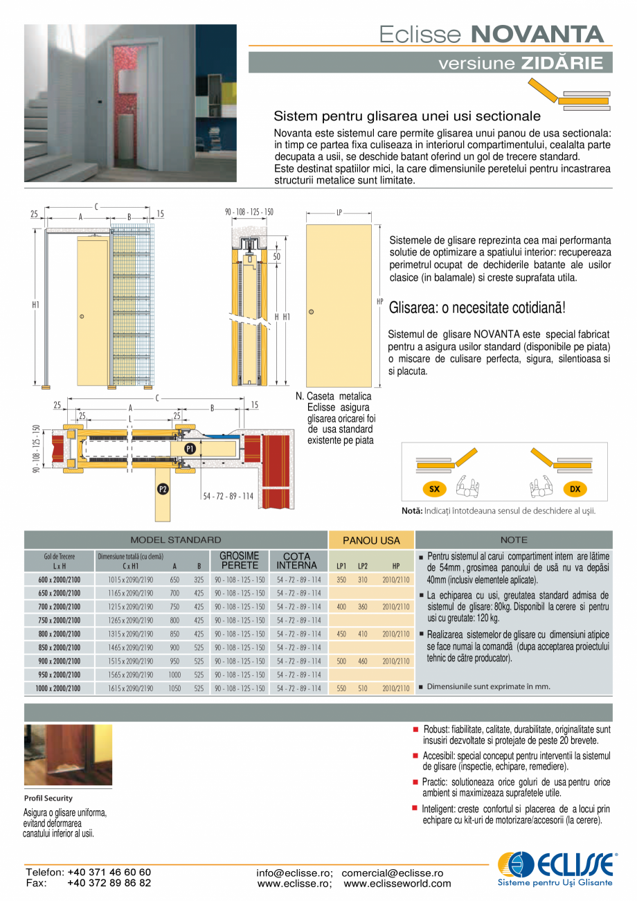 Pagina 1-Sistem pentru glisarea unei usi sectionale - versiunea zidarie ECLISSE NOVANTA Fisa tehnica Romana...