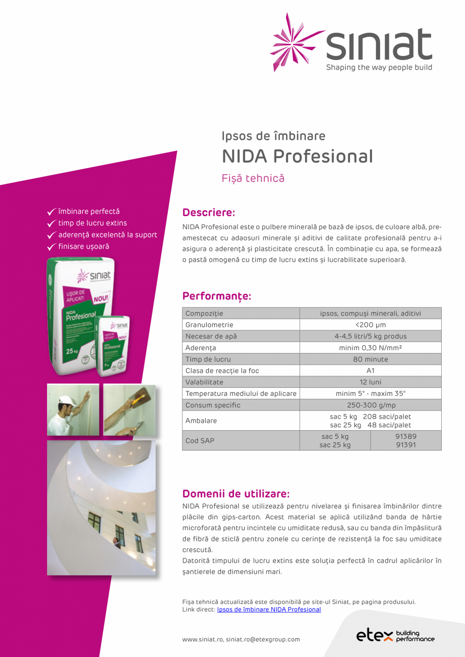 Pagina 1-Pulbere pe baza de ipsos pentru imbinarea si finisarea placilor de ipsos SINIAT NIDA Profesional...