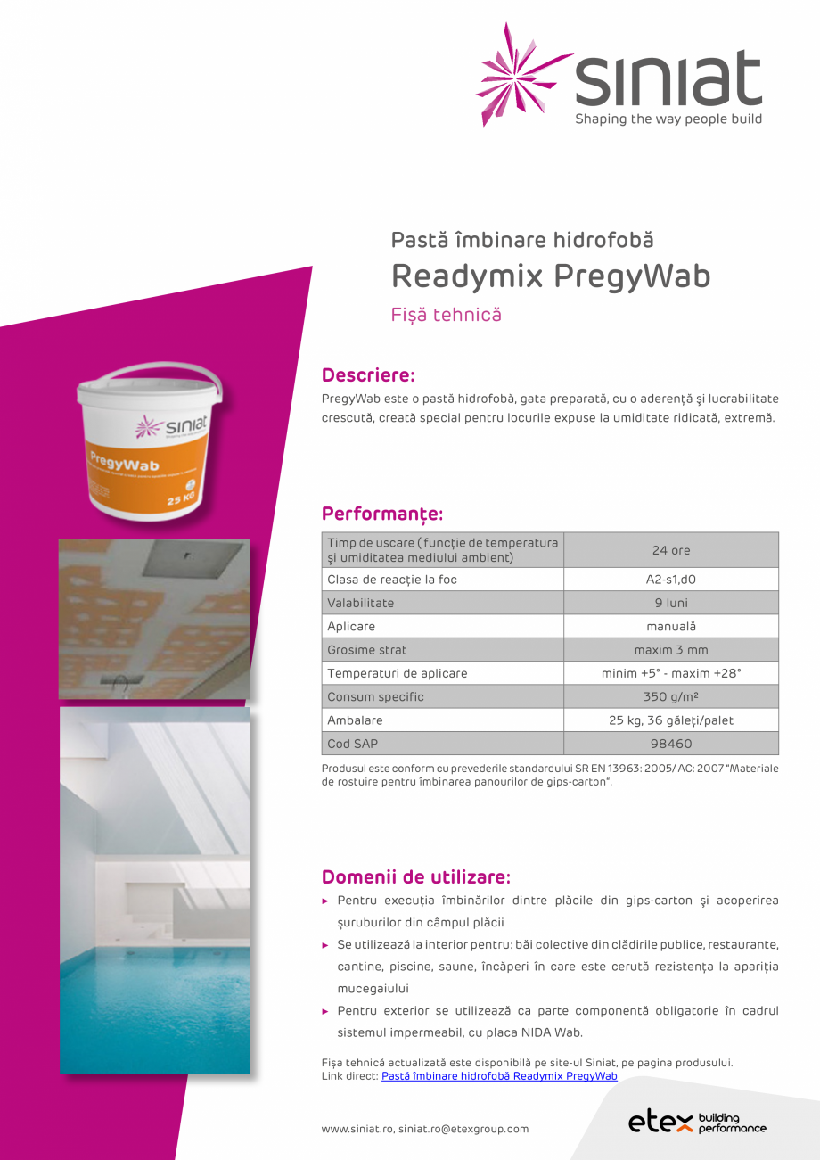 Pagina 1-Pasta hidrofoba, gata preparata SINIAT Pregy Wab Fisa tehnica Romana Pastă îmbinare hidrofobă
...