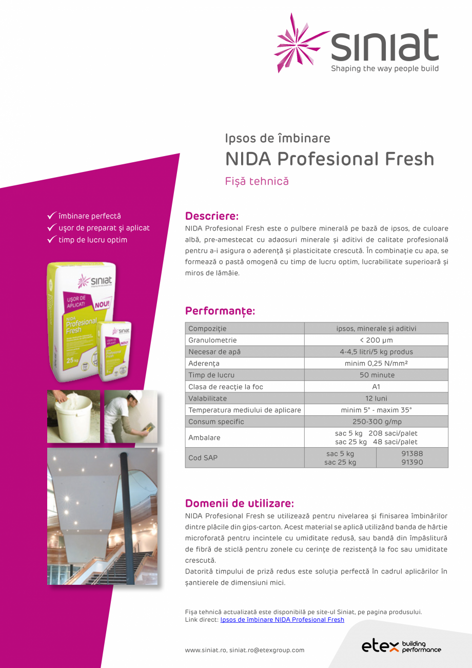 Pagina 1-Pulbere pe baza de ipsos pentru imbinarea si finisarea placilor din gips-carton SINIAT NIDA...