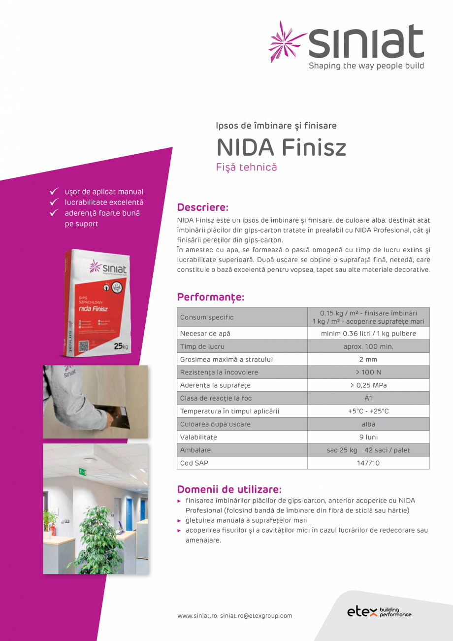 Pagina 1-Ipsos de imbinare si finisare SINIAT NIDA Finisz Fisa tehnica Romana Ipsos de îmbinare şi finisare...