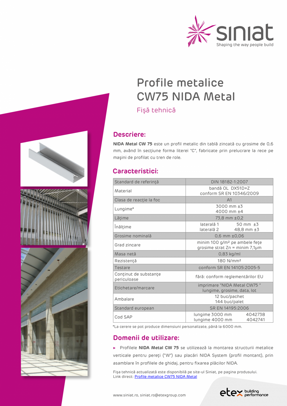 Pagina 1 - Profil metalic din tabla zincata SINIAT CW75 NIDA Metal Fisa tehnica Romana Profile...