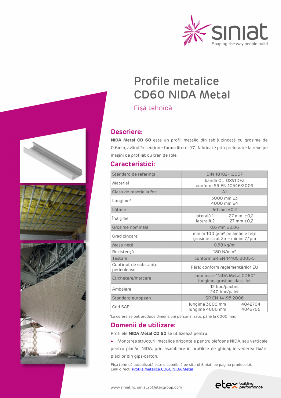 Pagina 1 - Profil metalic din tabla zincata SINIAT CD60 NIDA Metal  Fisa tehnica Romana Profile...