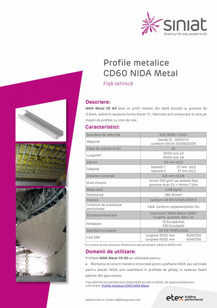 Pagina 1-Profil metalic din tabla zincata SINIAT CD60 NIDA Metal  Fisa tehnica Romana Profile metalice
CD60...