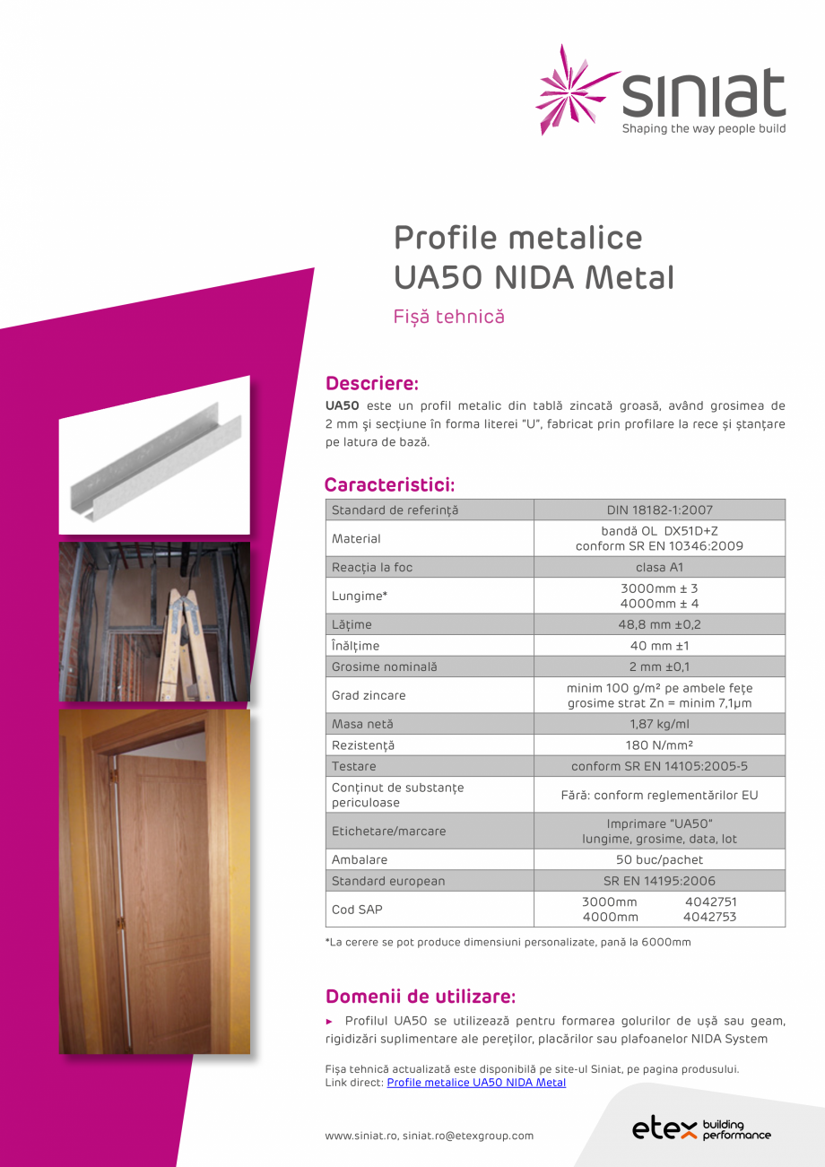 Pagina 1 - Profil metalic din tabla zincata SINIAT UA50 NIDA Metal  Fisa tehnica Romana Profile...