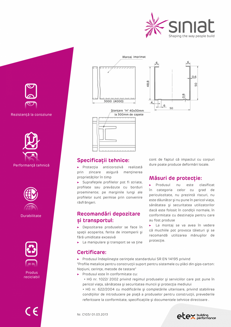 Pagina 2-Profil metalic din tabla zincata SINIAT CW50 NIDA Metal Fisa tehnica Romana t produce dimensiuni...