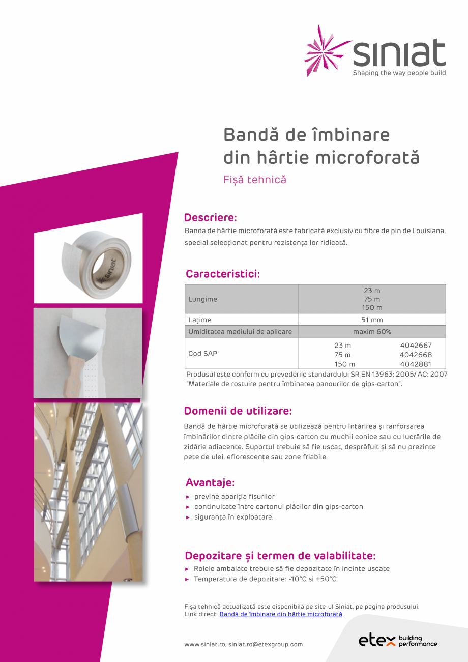 Pagina 1-Banda de imbinare din hartie microforata SINIAT Banda microforata Fisa tehnica Romana Bandă de...