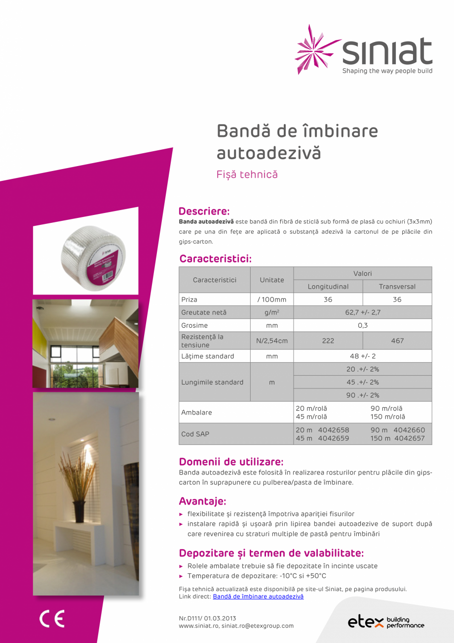 Pagina 1-Banda de imbinare autoadeziva SINIAT Banda autoadeziva Fisa tehnica Romana Bandă de îmbinare...