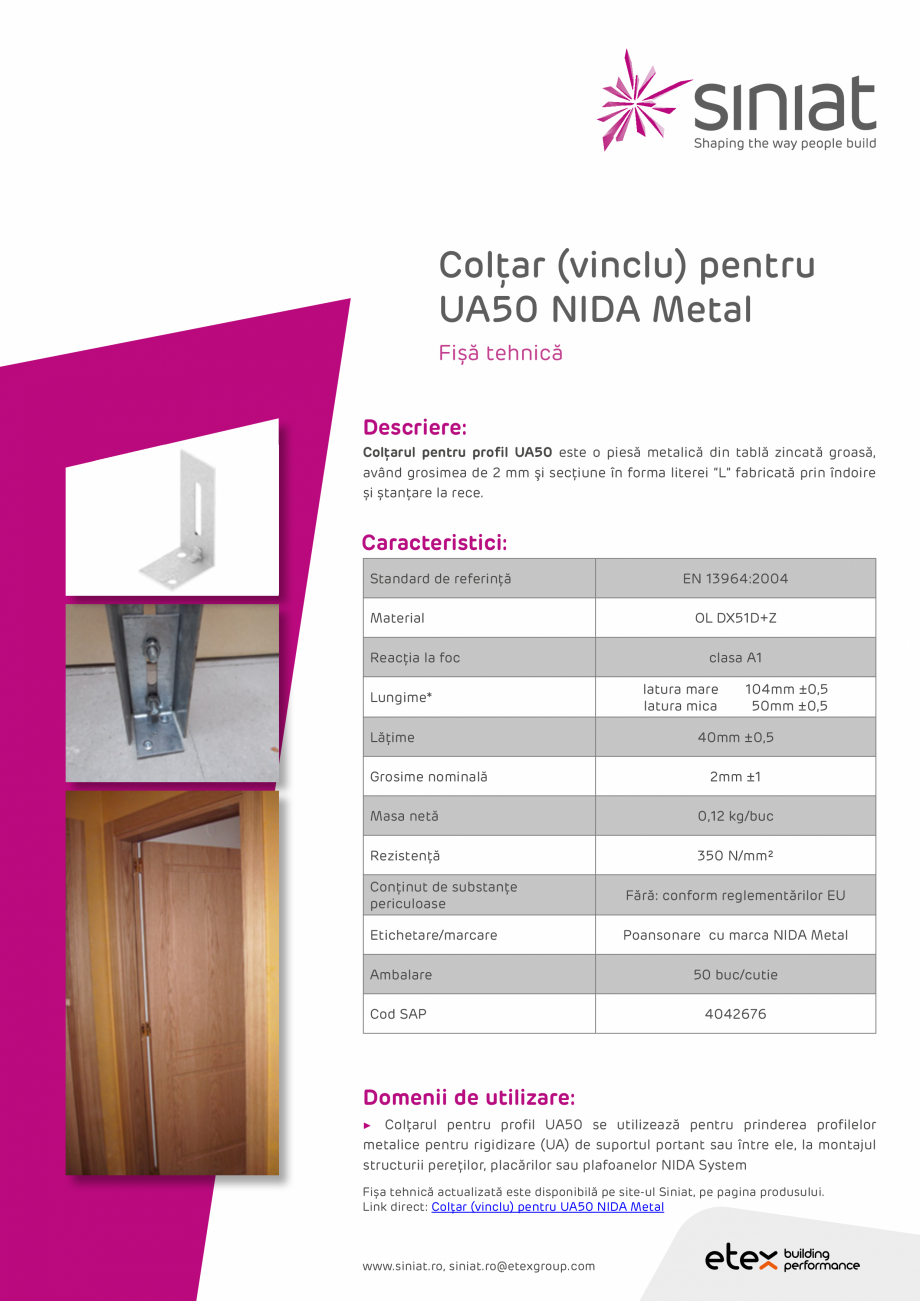 Pagina 1-Coltar (vinclu) pentru UA50 NIDA Metal SINIAT Coltar UA50 Fisa tehnica Romana Colţar (vinclu)...