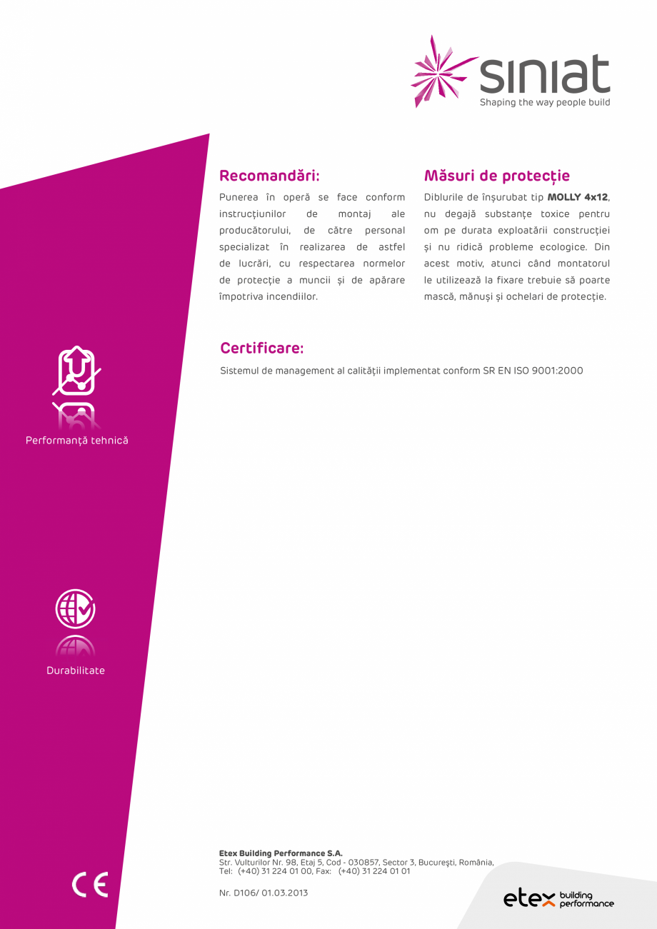 Pagina 2-Diblu metalic Molly NIDA Metal SINIAT Molly M4x40 Fisa tehnica Romana , siniat.ro@etexgroup.com
...