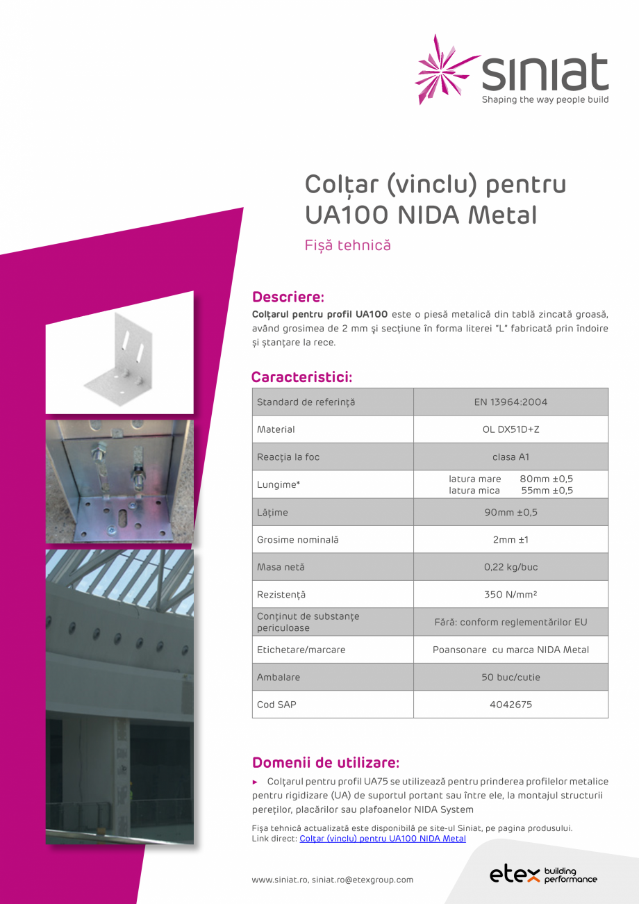 Pagina 1-Coltar (vinclu) pentru UA100 NIDA Metal SINIAT Coltar UA100 Fisa tehnica Romana Colţar (vinclu)...