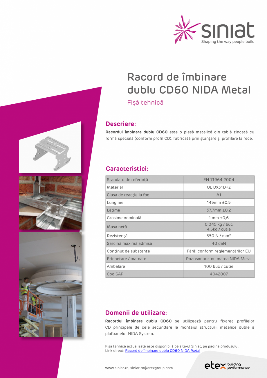 Pagina 1-Racord de imbinare dublu CD60 NIDA Metal SINIAT Racord dublu CD60 Fisa tehnica Romana Racord de...