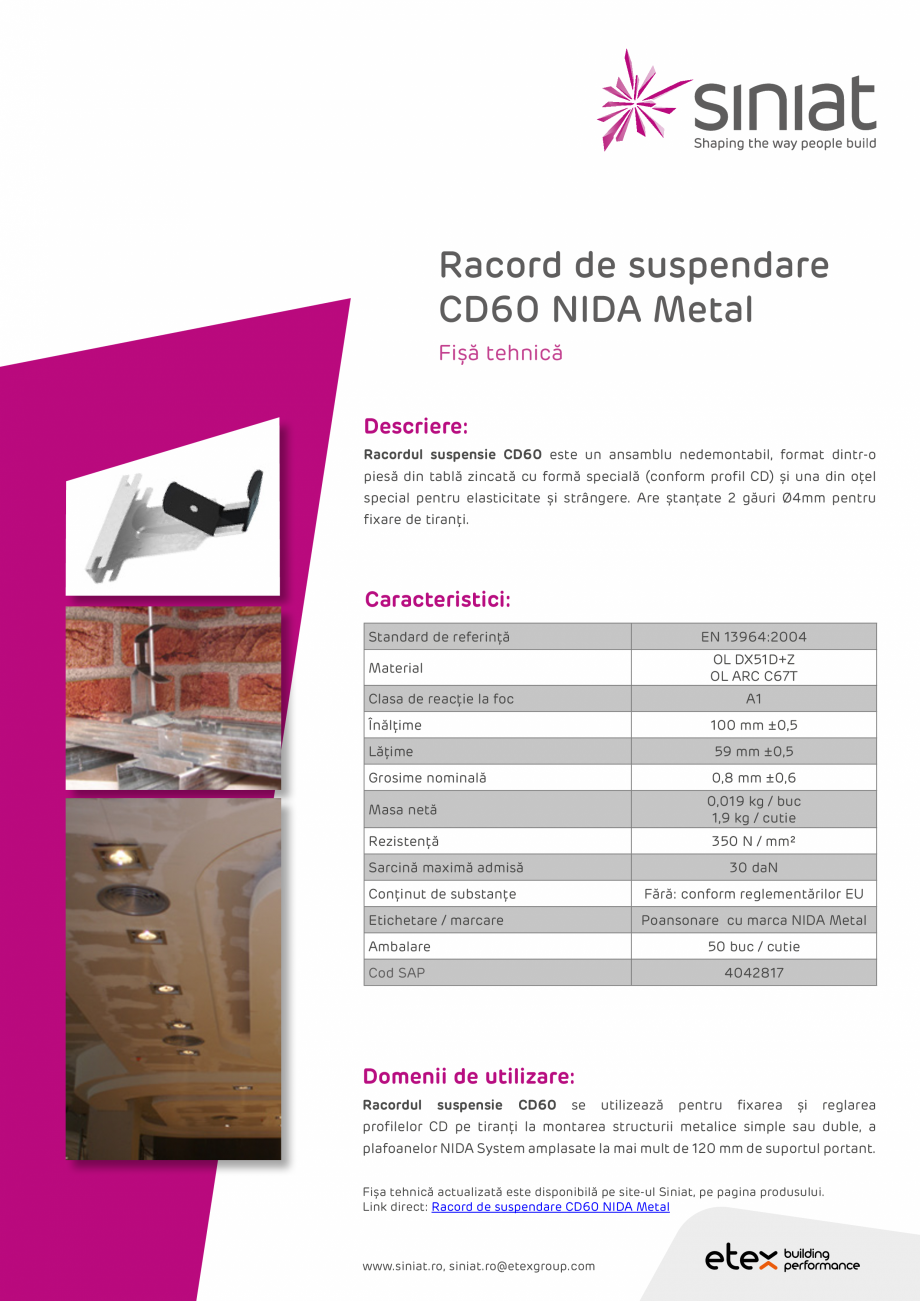 Pagina 1 - Racord de suspendare CD60 NIDA Metal SINIAT Racord suspensie CD60 Fisa tehnica Romana...
