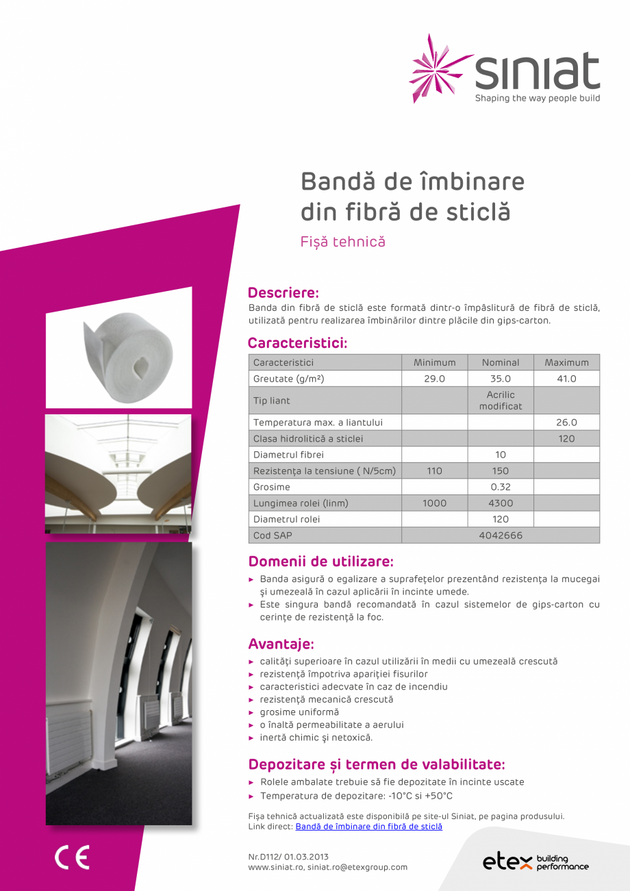 Pagina 1-Banda de imbinare din fibra de sticla SINIAT Banda fibra de sticla Fisa tehnica Romana Bandă de...