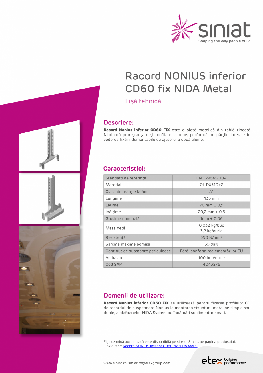 Pagina 1 - Racord NONIUS inferior CD60 fix NIDA Metal SINIAT Racord inferior CD60 Fisa tehnica...