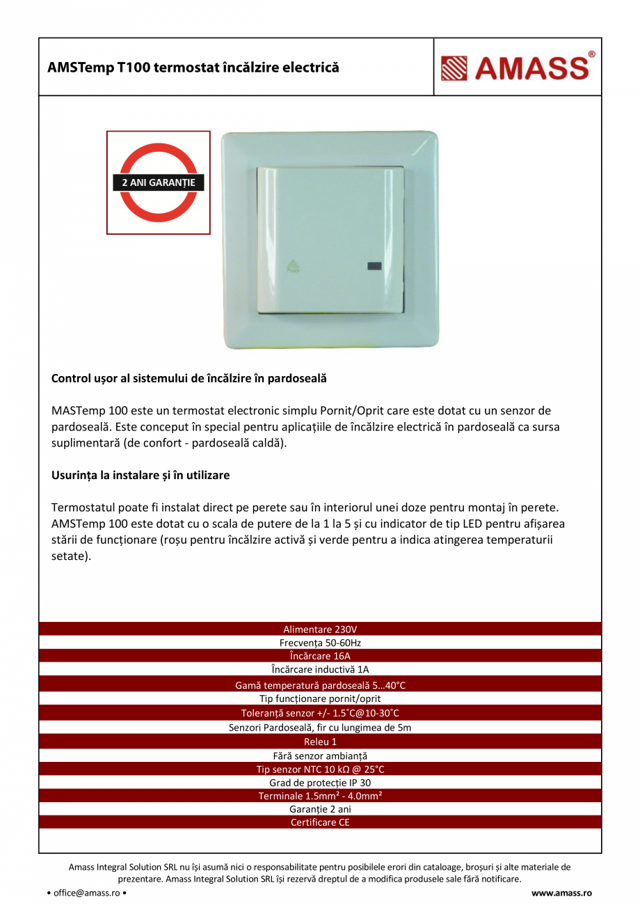 Pagina 1-Termostat incalzire electrica AMASS T100 Fisa tehnica Romana Control ușor al sistemului de...