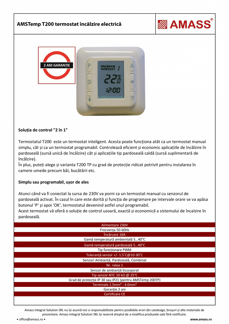 Pagina 1-Termostat incalzire electrica AMASS  T200  Fisa tehnica Romana Soluția de control 