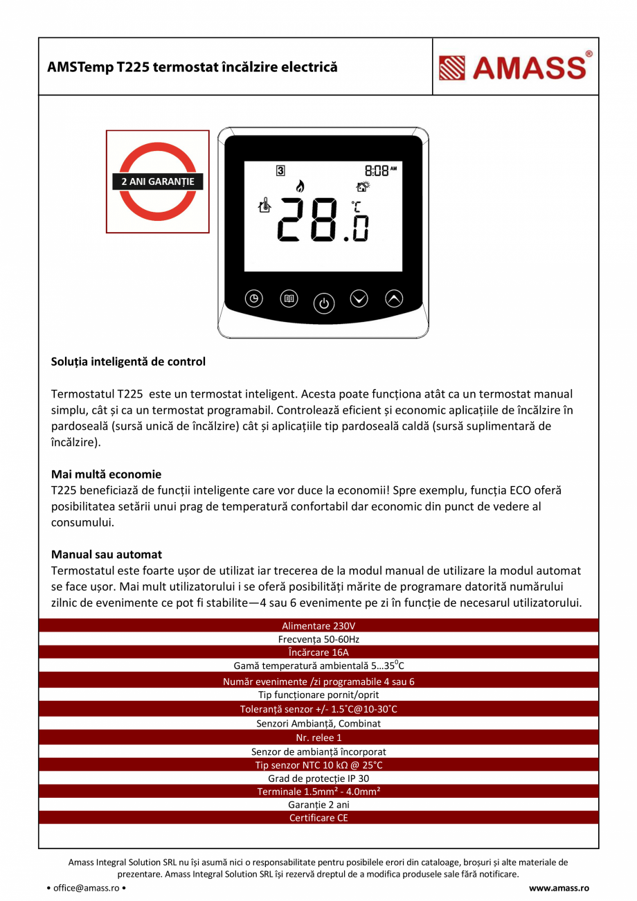 Pagina 1-Termostat incalzire electrica AMASS T225  Fisa tehnica Romana Soluția inteligentă de control...