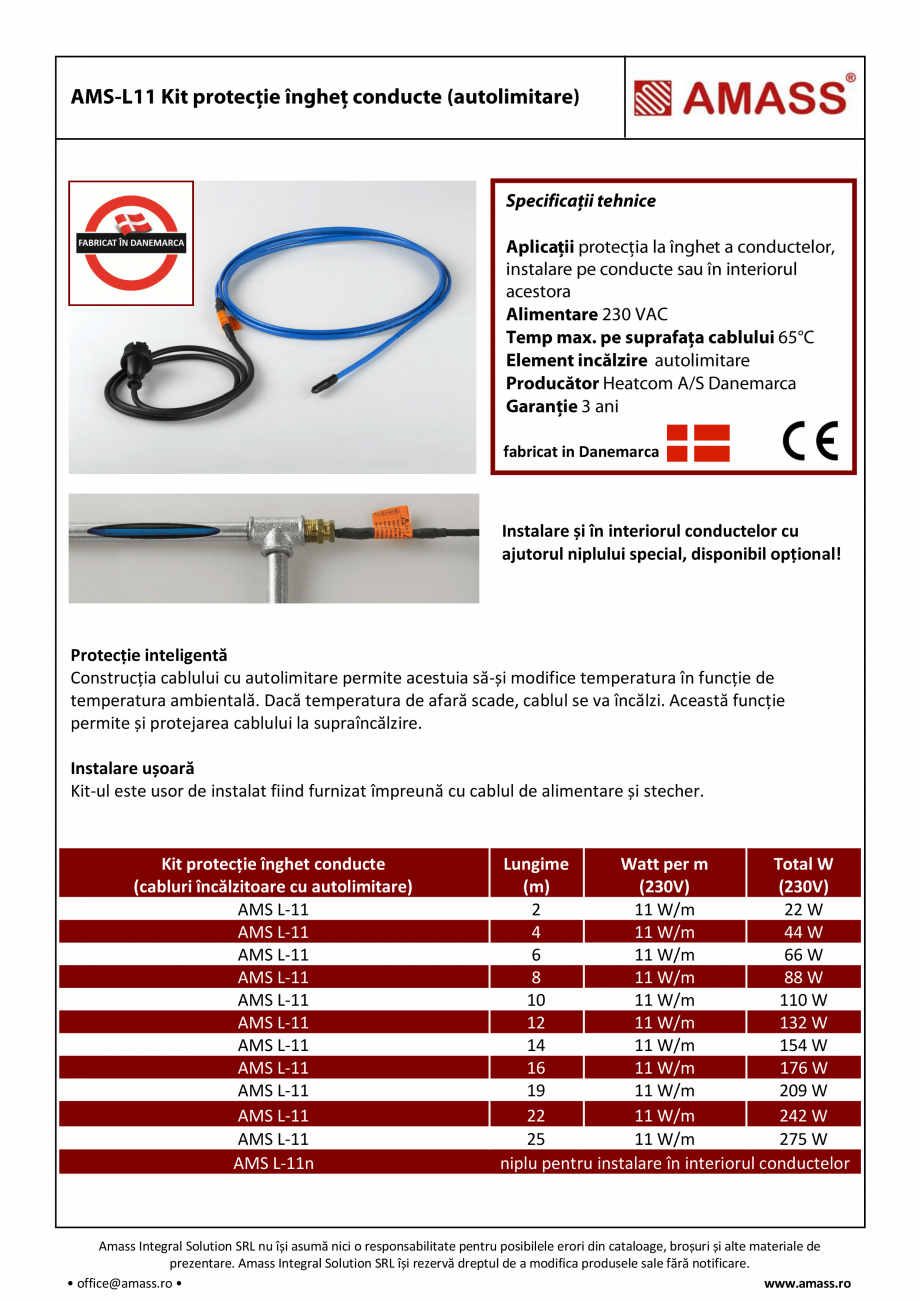 Pagina 1-Kit protectie inghet conducte (autolimitare) AMASS AMS-L11 Fisa tehnica Romana fabricat in Danemarca...