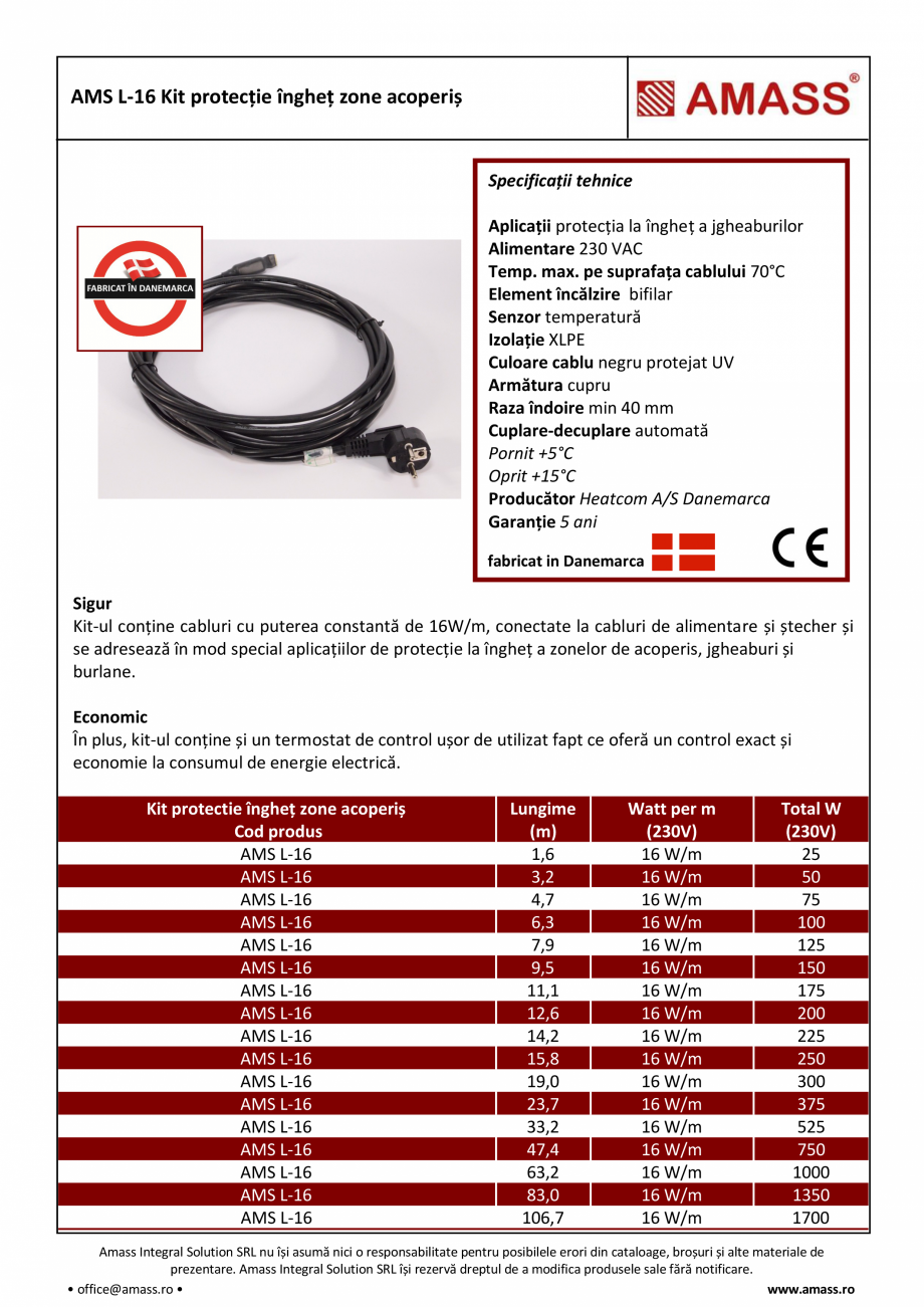 Pagina 1-Kit protectie inghet zone acoperis AMASS AMSL-16 Fisa tehnica Romana AMS L-16 Kit protecție...