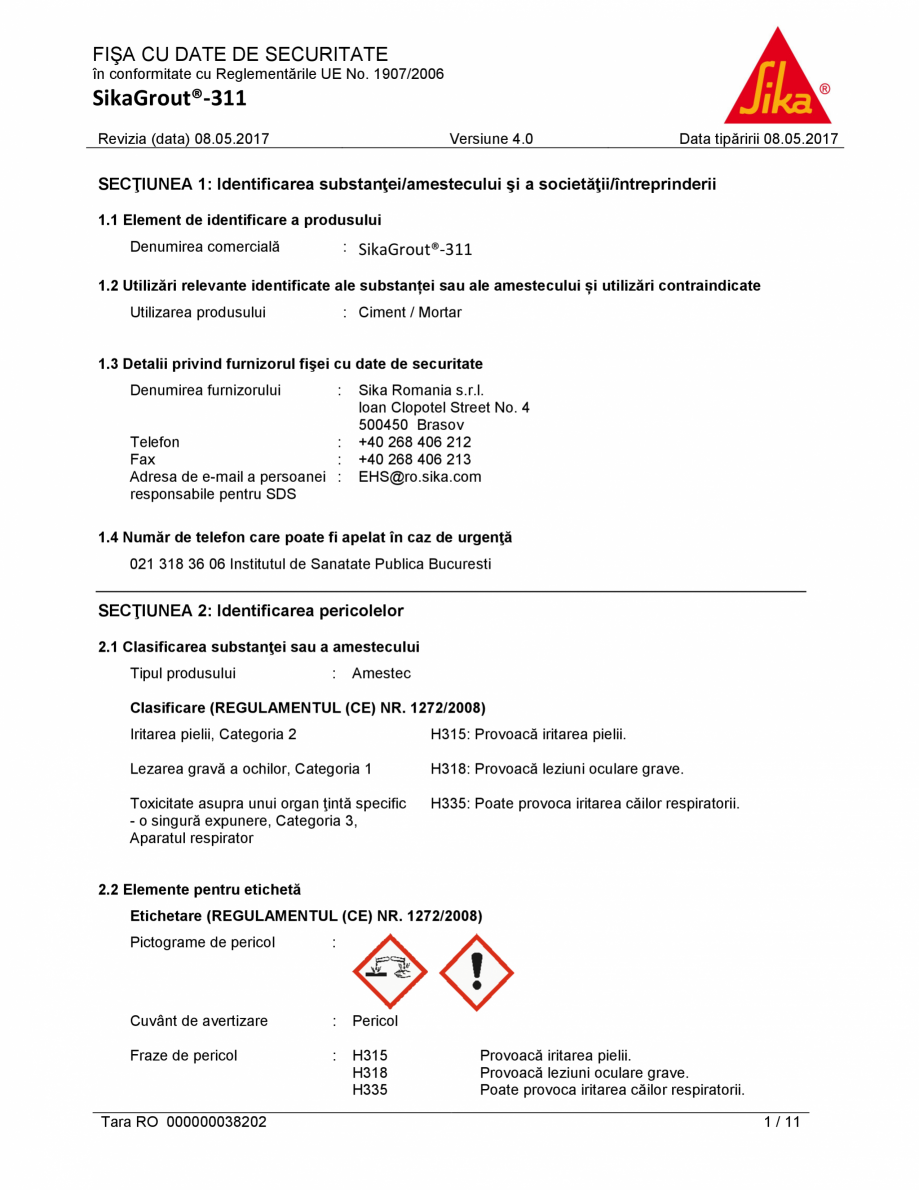 Fisa Cu Date De Securitate Sika Sikagrout 311 Fisa Tehnica Romana
