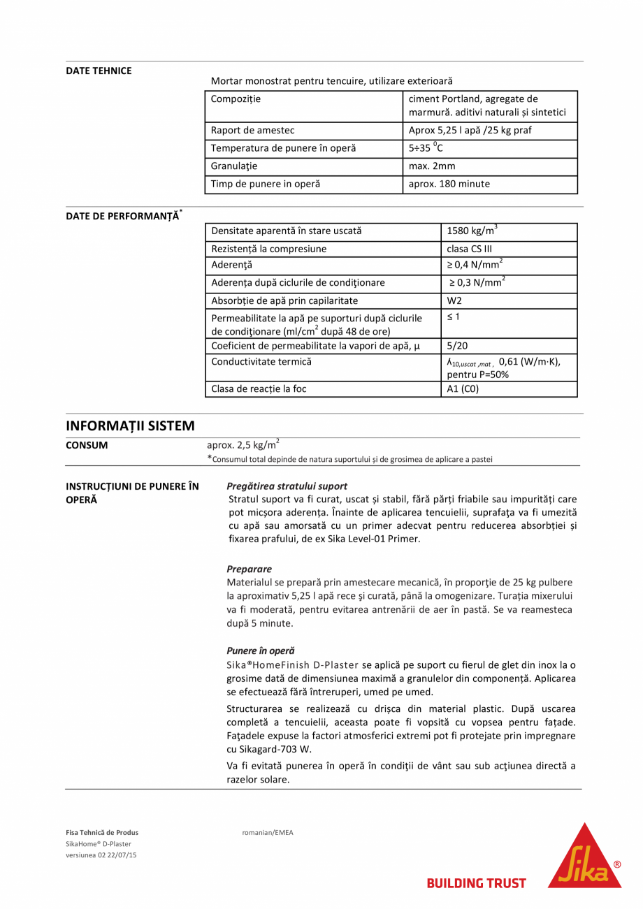 Tencuiala Decorativa Minerala Cu Aspect De Praf De Piatra Sau Canelat Sika Sikahome Finish D Plaster Fisa Tehnica Romana