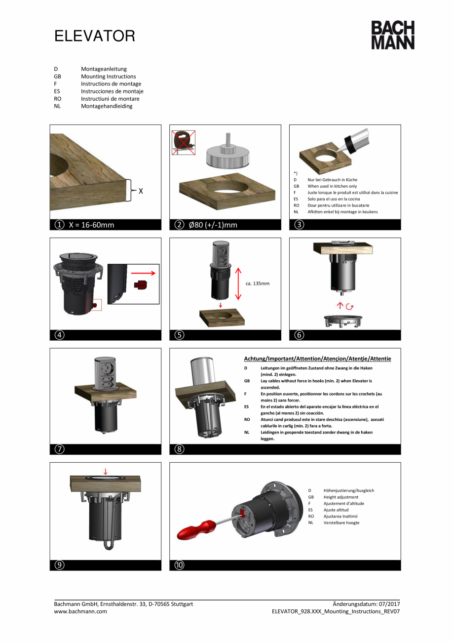 Pagina 1 - Instructiuni montaj pentru priza BACHMANN ELEVATOR Instructiuni montaj, utilizare Germana...