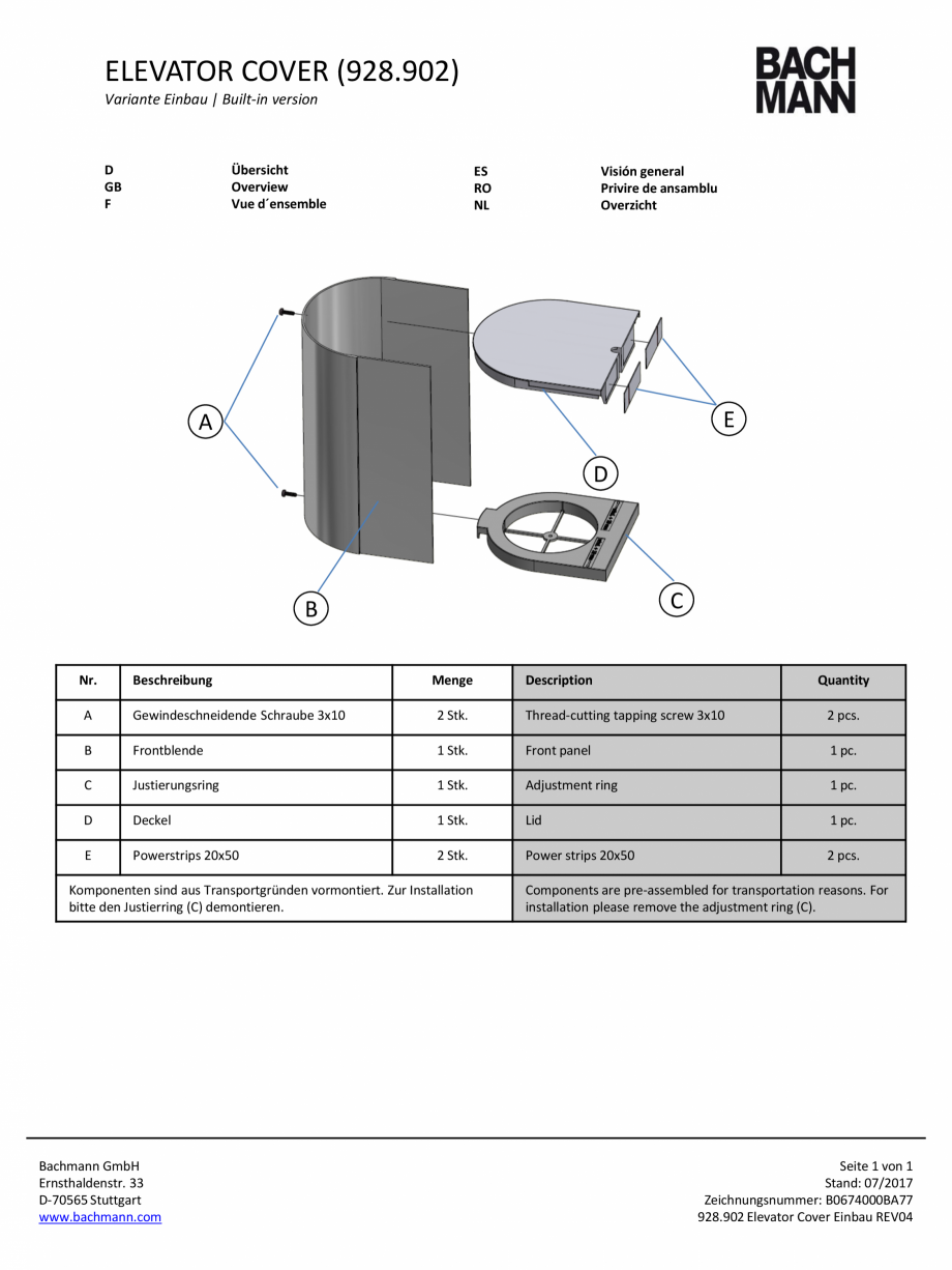 Pagina 1-Instructiuni montaj - extensia de montaj pentru priza  BACHMANN ELEVATOR COVER  Instructiuni montaj,...