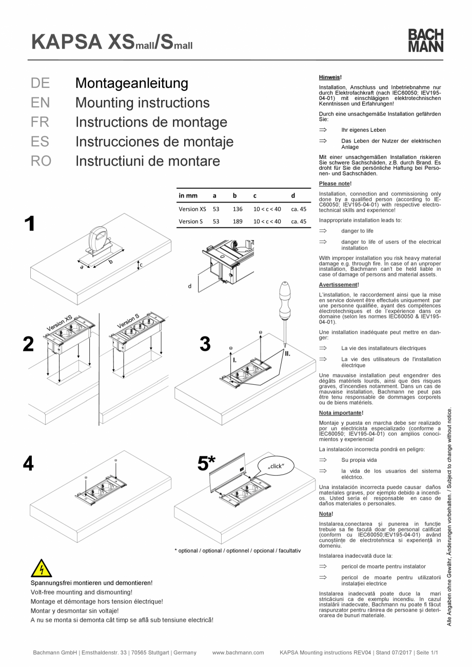 Pagina 1-Instructiuni montaj pentru unitatea de prize KAPSA S-XS BACHMANN Instructiuni montaj, utilizare...