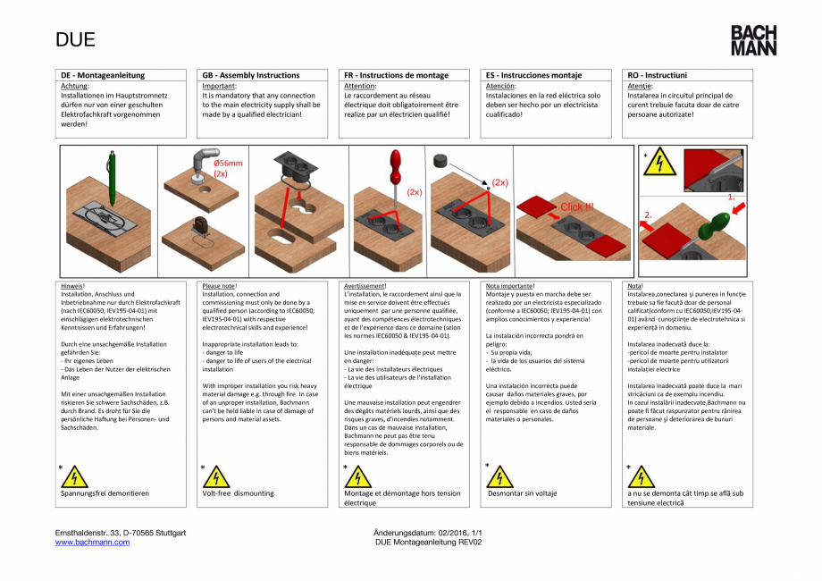 Pagina 1-Instructiuni montaj pentru unitatea de prize BACHMANN DUE Instructiuni montaj, utilizare Germana,...