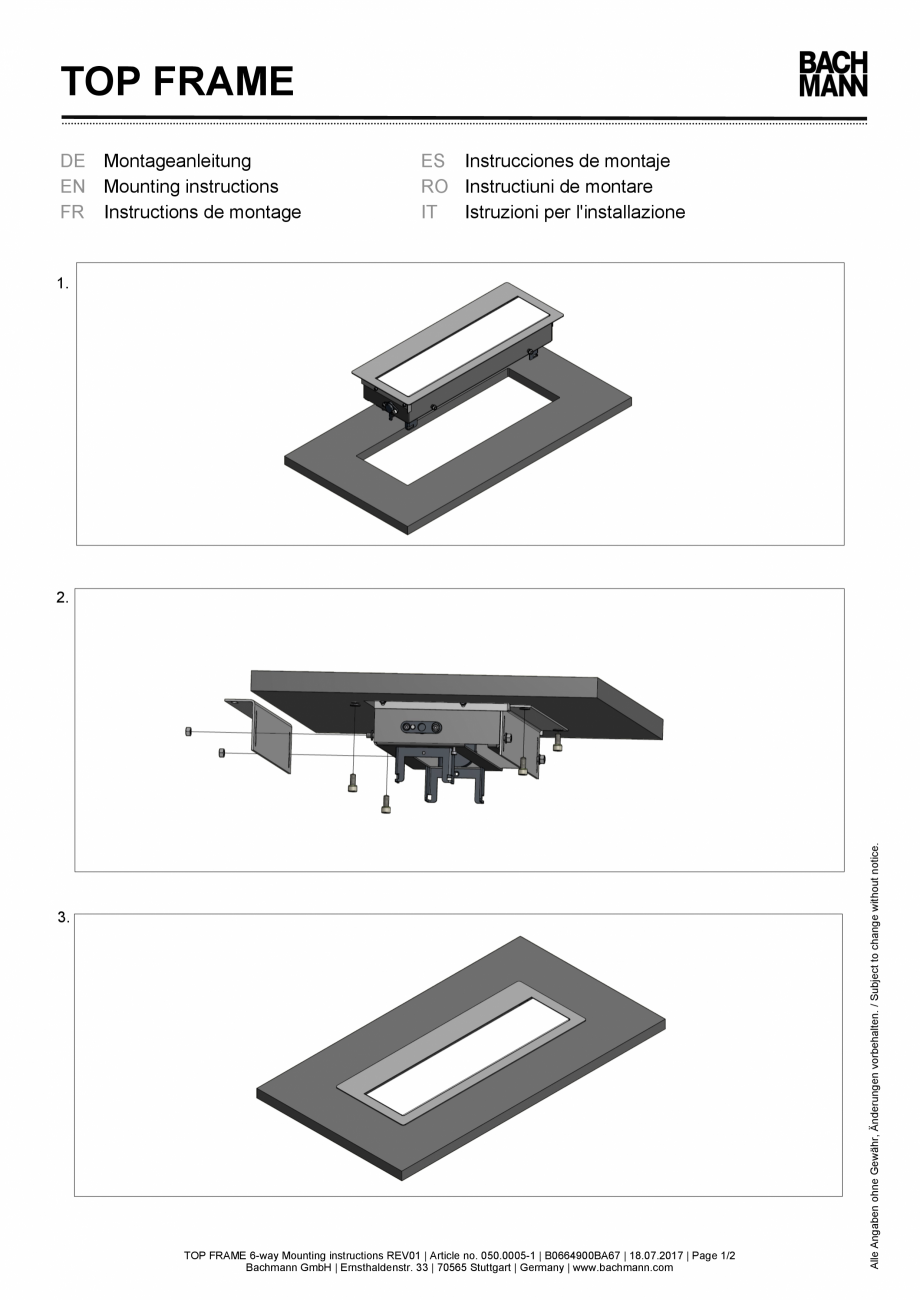 Pagina 1-Instructiuni de montaj pentru panoul de racord pentru 6 unitati BACHMANN TOP FRAME Instructiuni...