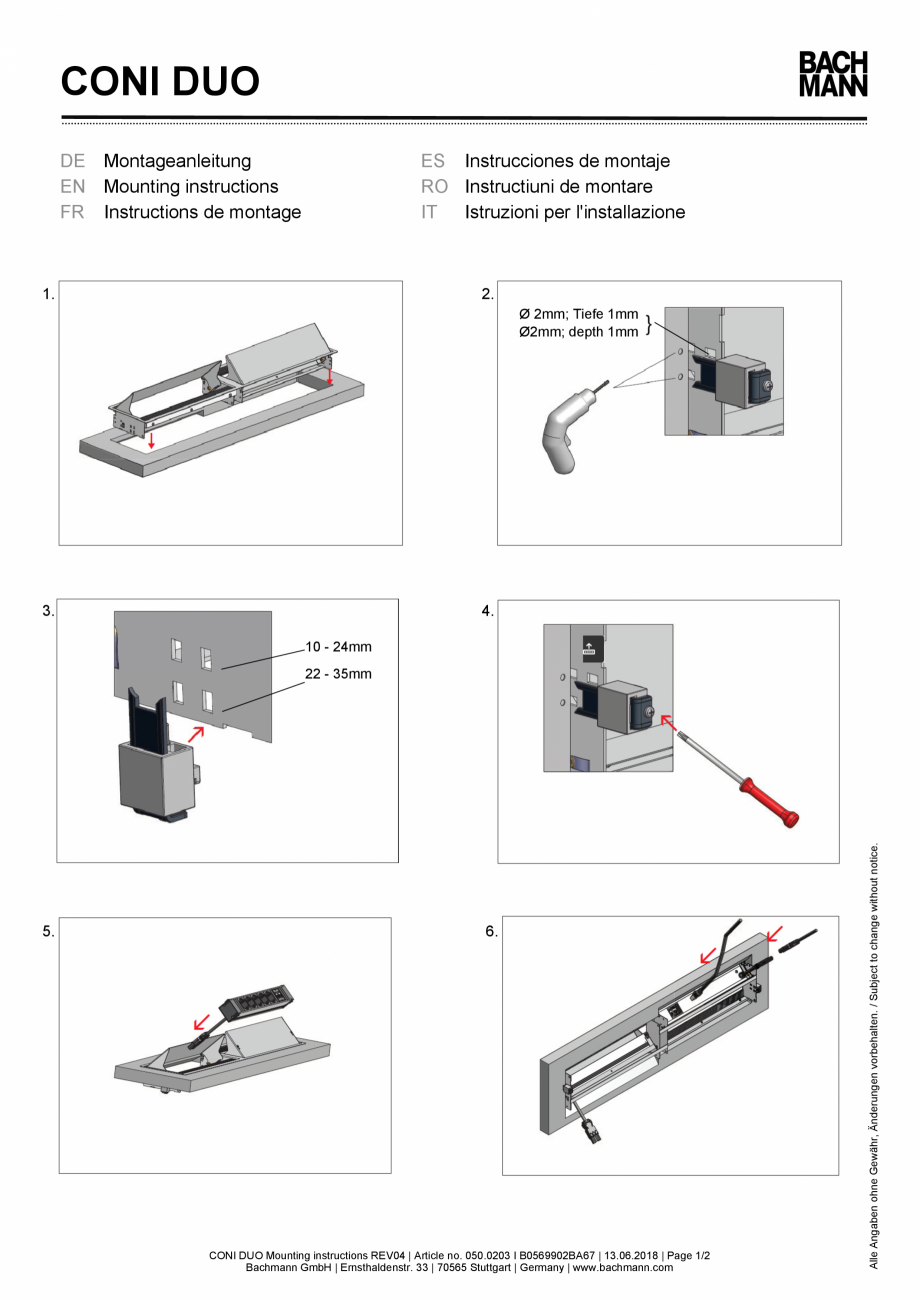 Pagina 1-Instructiuni montaj pentru panoul de racord BACHMANN CONI DUO Instructiuni montaj, utilizare Germana...