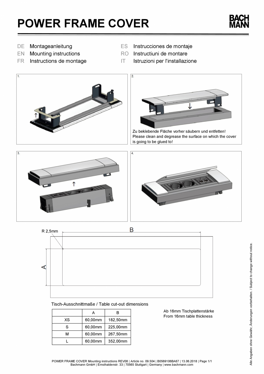Pagina 1-Instructiuni montaj pentru panoul de racord BACHMANN POWER FRAME COVER Instructiuni montaj,...