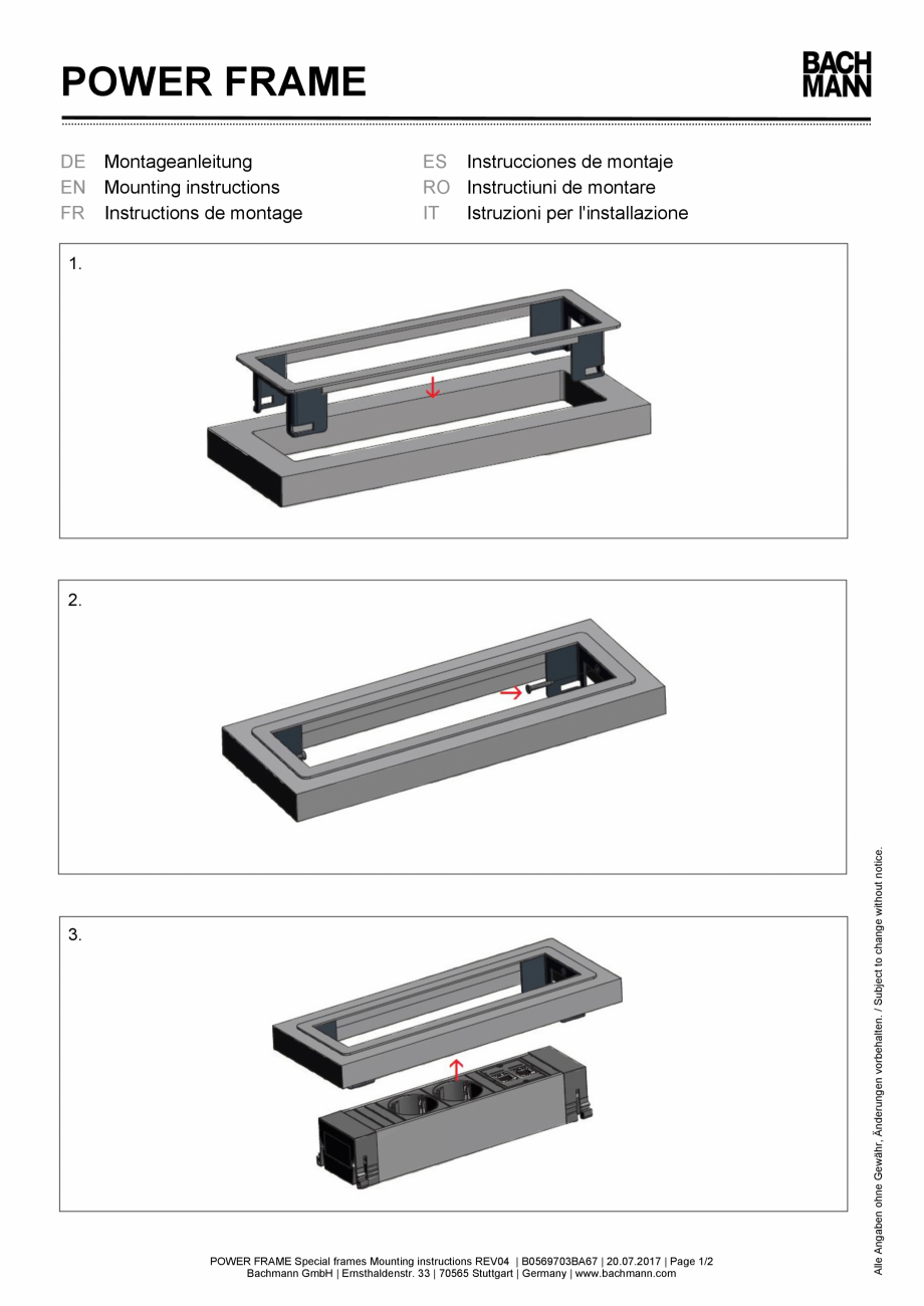 Pagina 1-Instructiuni de montaj pentru rame speciale pentru panoul de racord BACHMANN POWER FRAME...