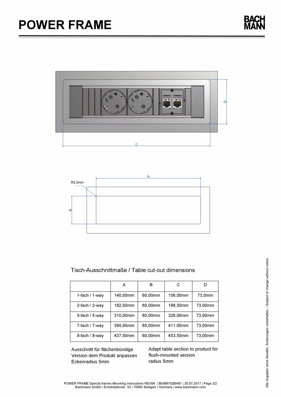 Pagina 2 - Instructiuni de montaj pentru rame speciale pentru panoul de racord BACHMANN POWER FRAME ...