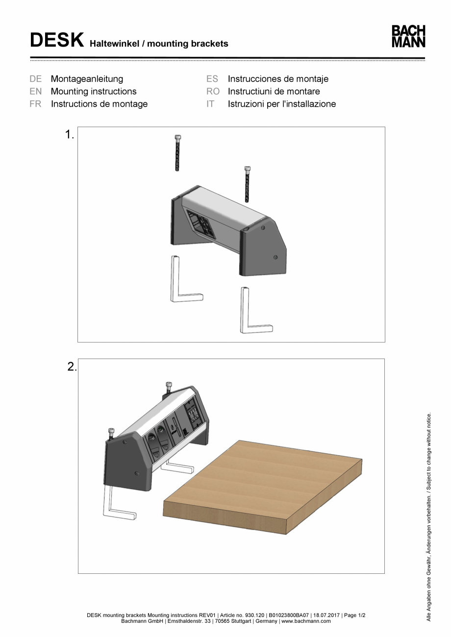 Pagina 1-Instructiuni montaj pentru panoul de racord   BACHMANN DESK 1 Instructiuni montaj, utilizare Germana...