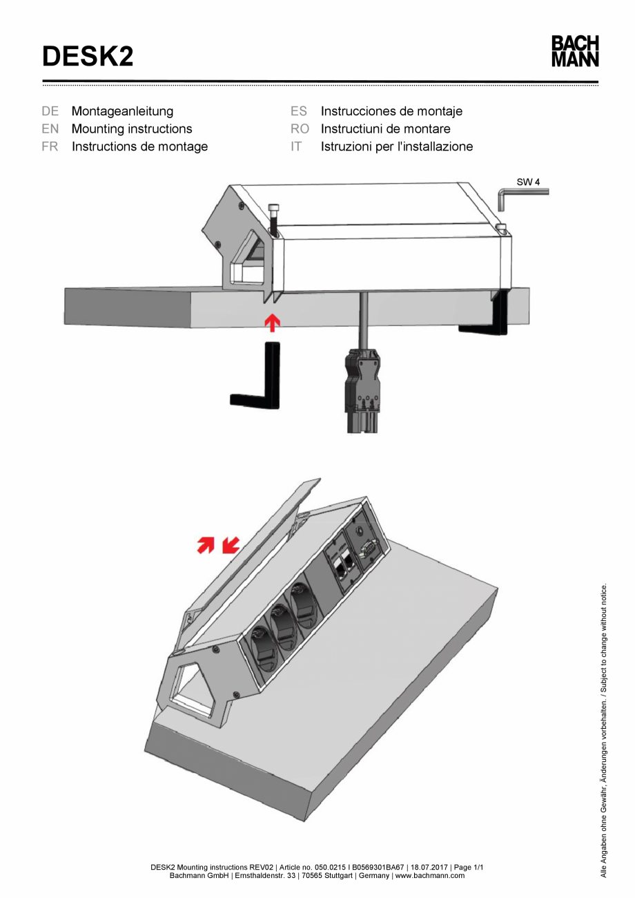 Pagina 1-Instructiuni montaj pentru panoul de racord  BACHMANN DESK 2, DESK 2 ALU BLACK Instructiuni montaj, ...