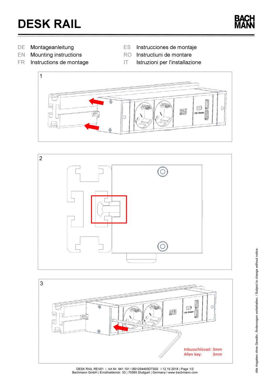 Pagina 1-Instructiuni montaj pentru panoul de racord BACHMANN DESK RAIL Instructiuni montaj, utilizare...