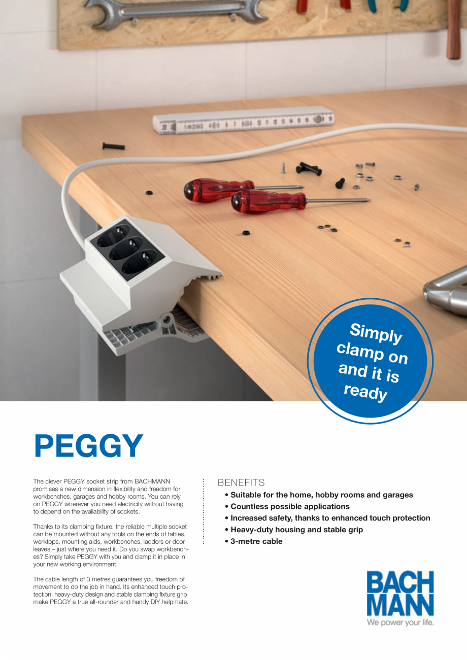 Pagina 1-Blocul de prize BACHMANN PEGGY Catalog, brosura Engleza Simply
clamp
on
and it
is
ready

PEGGY
The...