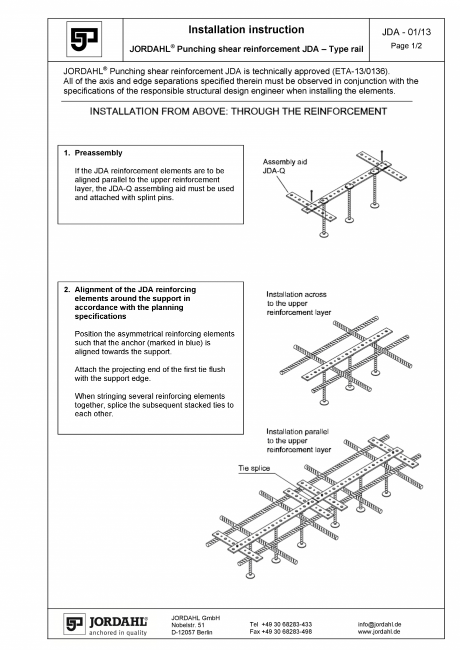 Pagina 1-Instructiuni de montaj pentru armatura la strapungere JORDAHL Instructiuni montaj, utilizare Engleza...