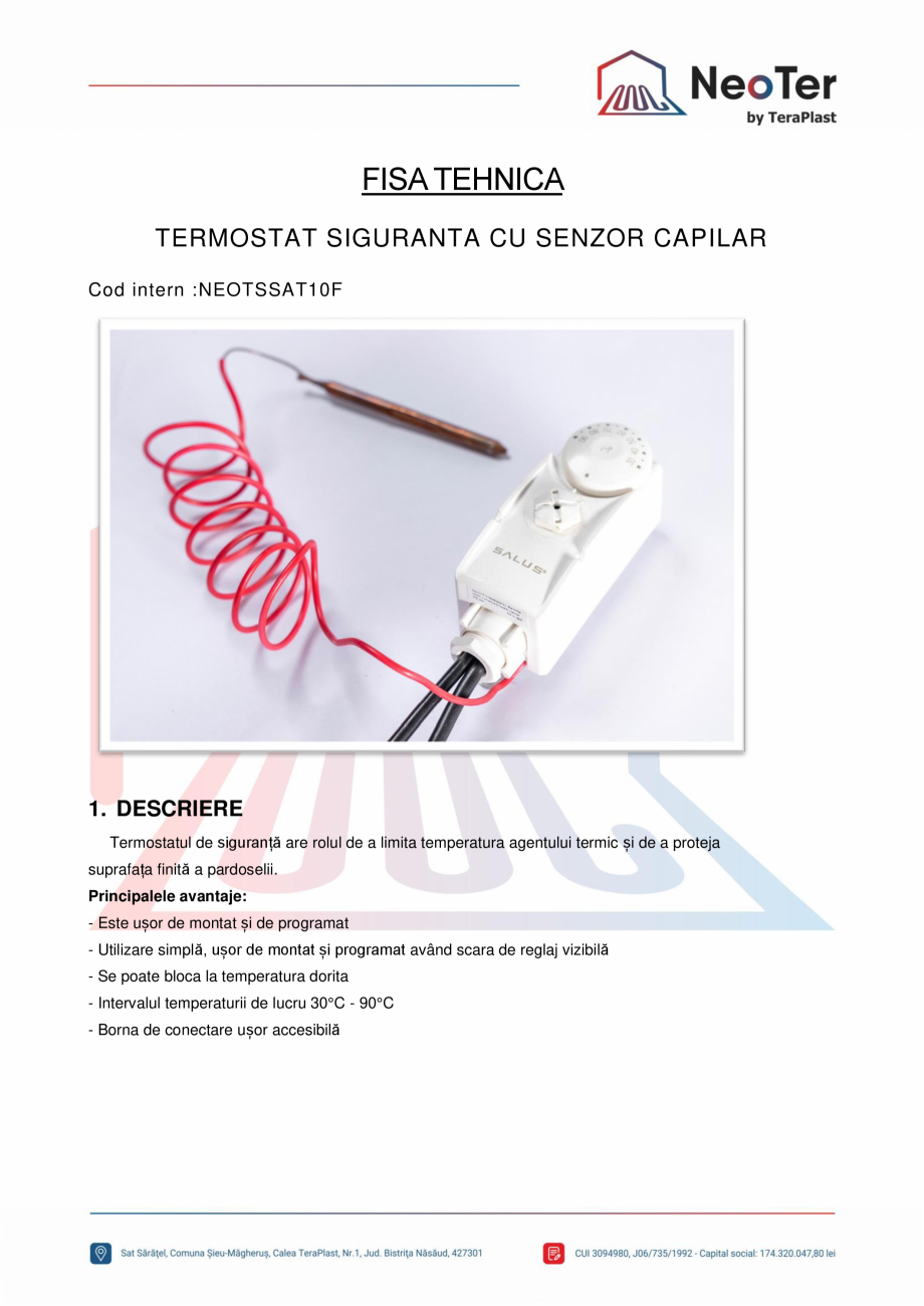 Pagina 1-Termostat siguranta cu senzor capilar TeraPlast NEOTSSAT10F Fisa tehnica Romana FISA TEHNICA...