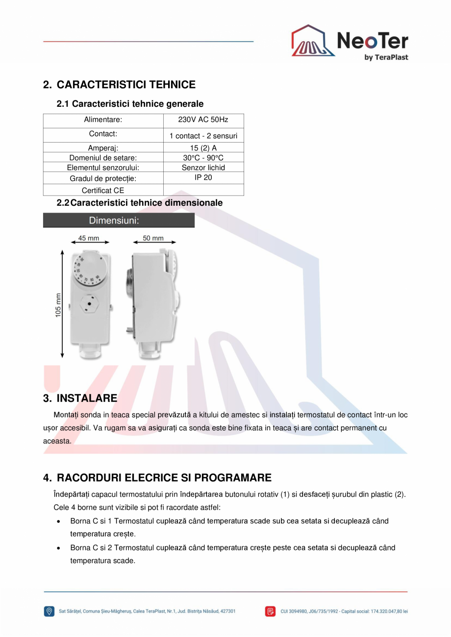 Pagina 2-Termostat siguranta cu senzor capilar TeraPlast NEOTSSAT10F Fisa tehnica Romana re contact permanent...