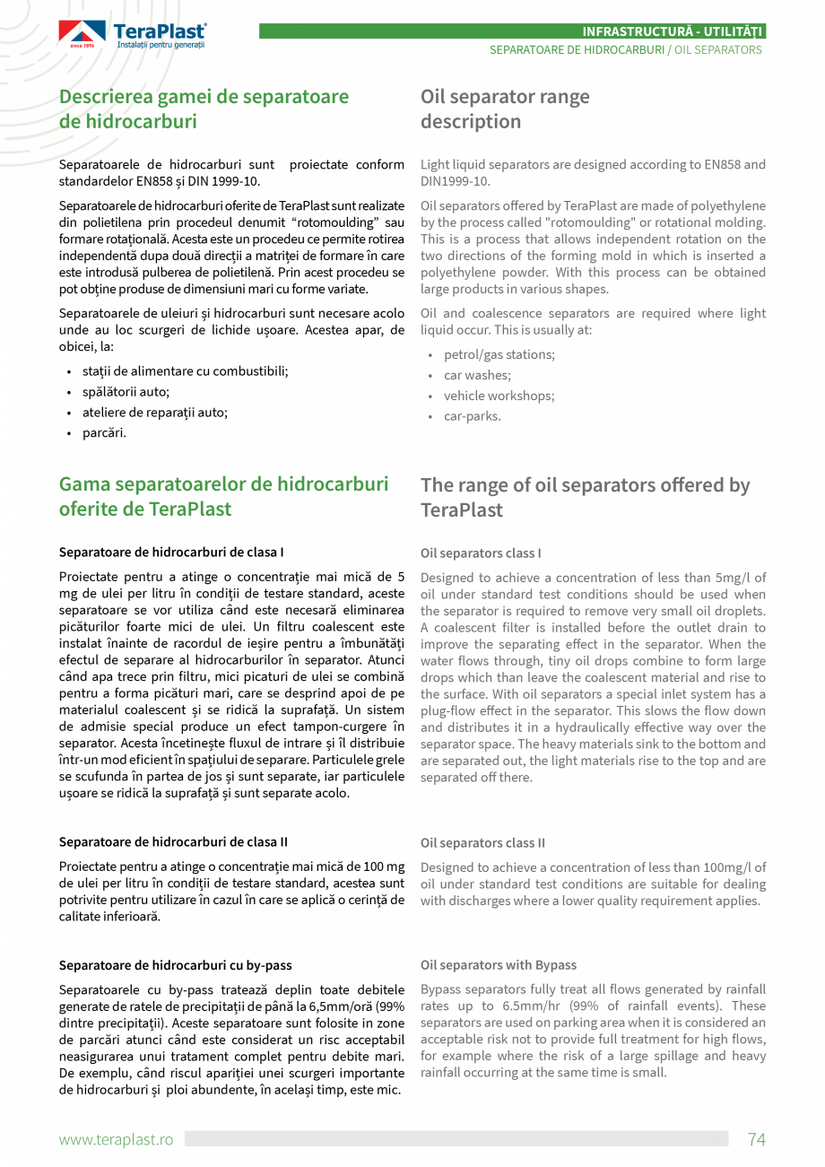 Pagina 2-Separatoare de hidrocarburi TeraPlast Clasa I, Clasa II, By-pass Specificații tehnice Romana,...