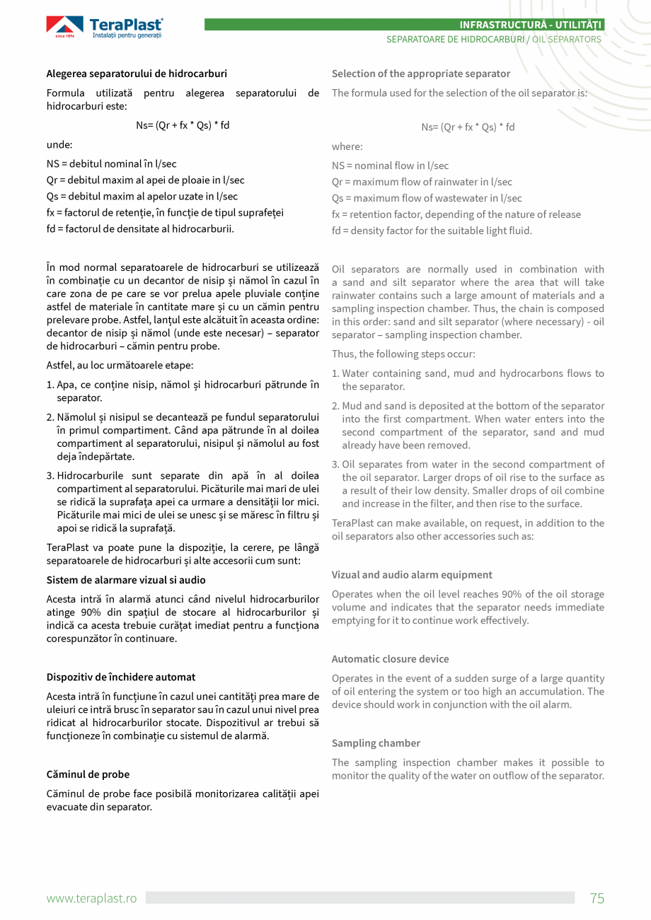 Pagina 3-Separatoare de hidrocarburi TeraPlast Clasa I, Clasa II, By-pass Specificații tehnice Romana,...