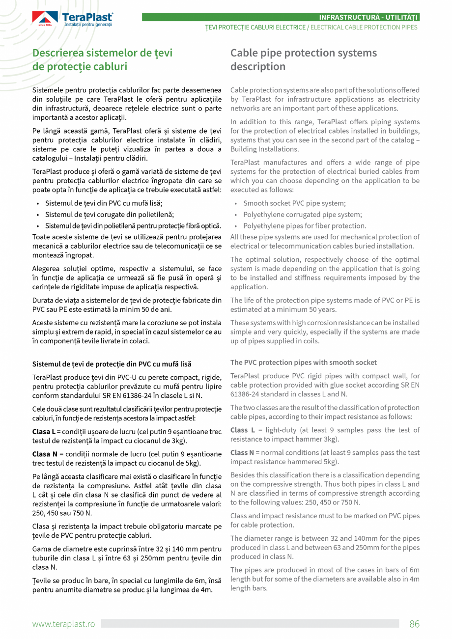 Pagina 2-Tevi din polietilena si PVC pentru protectie cabluri TeraPlast Specificații tehnice Engleza, Romana...