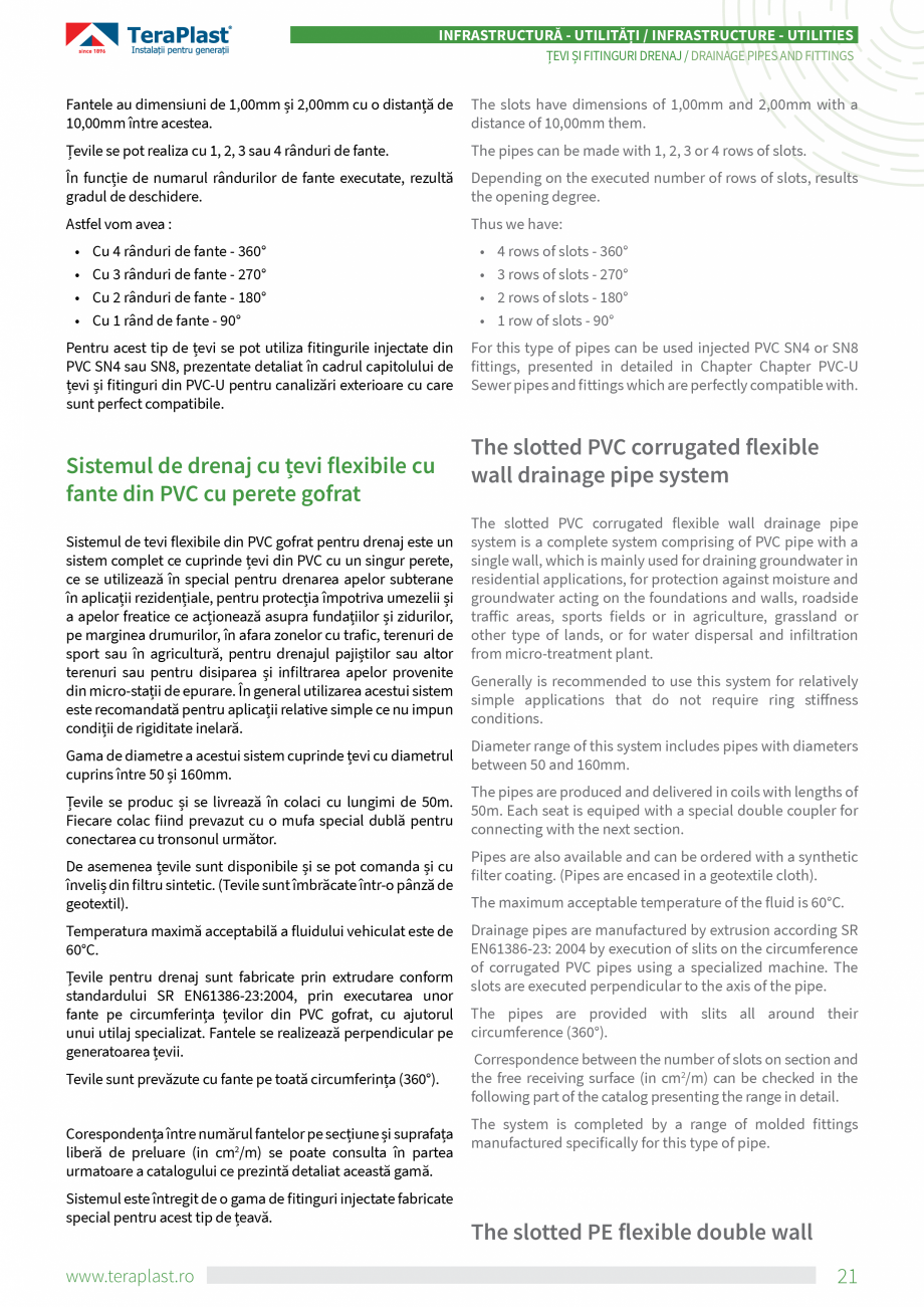 Pagina 3-Tevi din PE si PVC pentru drenaj  TeraPlast Specificații tehnice Romana, Engleza rious applications...