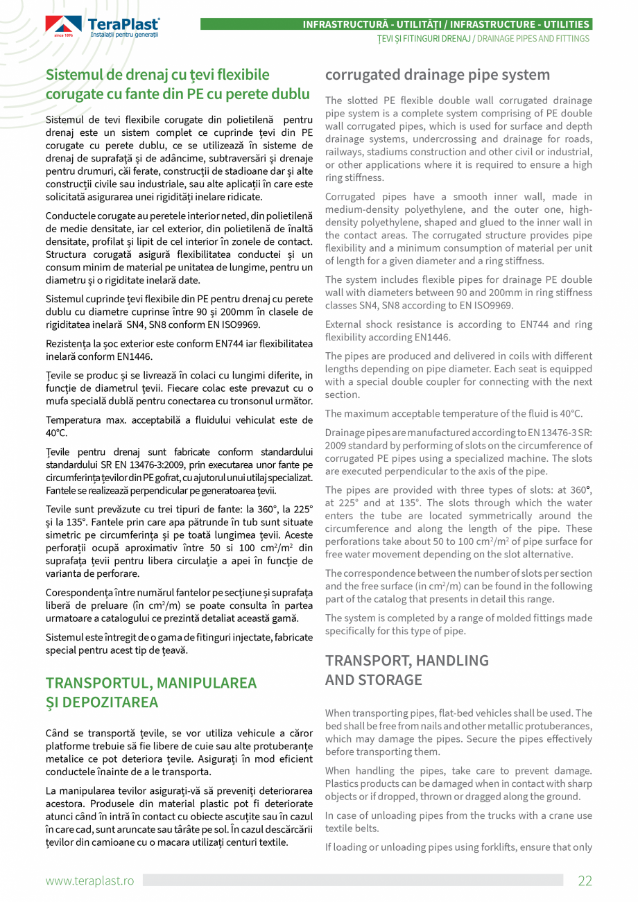 Pagina 4-Tevi din PE si PVC pentru drenaj  TeraPlast Specificații tehnice Romana, Engleza pipes supplied in ...