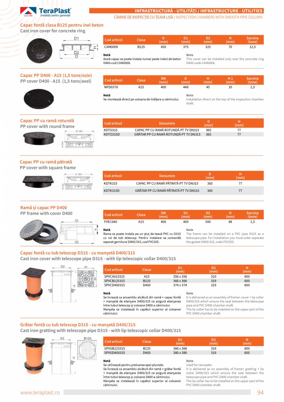 Pagina 16-Căminele de inspectie cu coloană din țeavă lisă TeraPlast Catalog, brosura Romana, Engleza r...